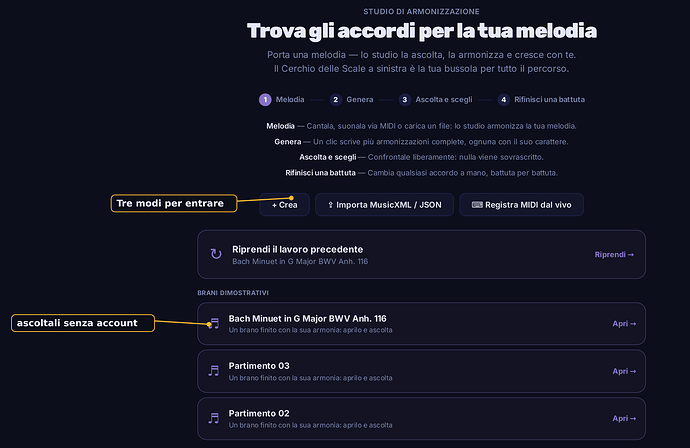 La schermata iniziale: quattro passi, tre modi per entrare, brani dimostrativi