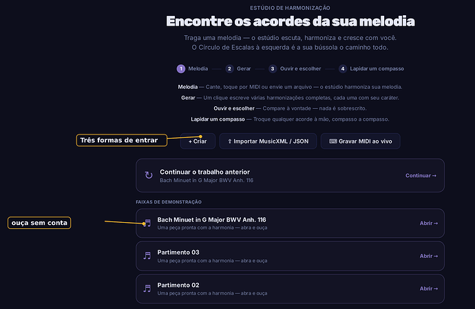 A tela inicial: quatro passos, três formas de entrar, faixas de demonstração