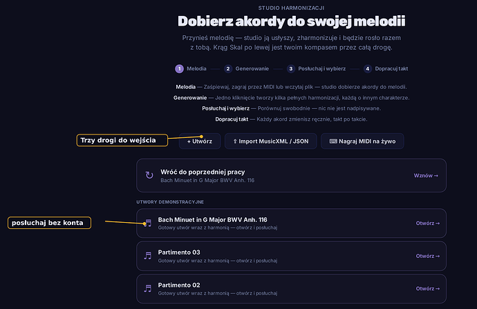 Ekran startowy: cztery kroki, trzy drogi do wejścia, utwory demonstracyjne