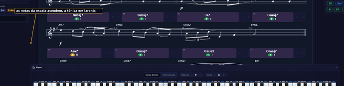 A janela do piano: as notas da escala acesas, a tônica em laranja