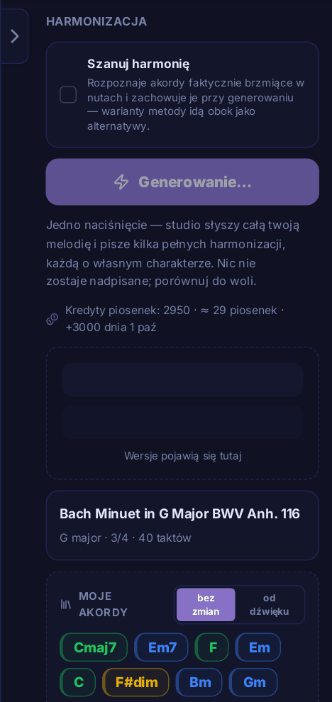 Panel w trakcie pracy: przycisk pokazuje «Generowanie…»