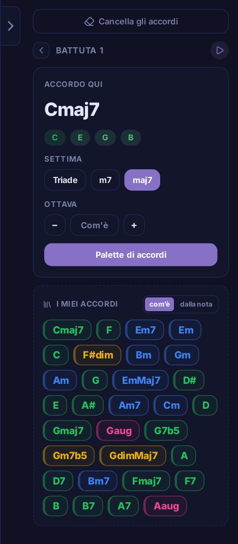 La scheda della battuta: accordo, le sue note, settima, ottava e palette di accordi
