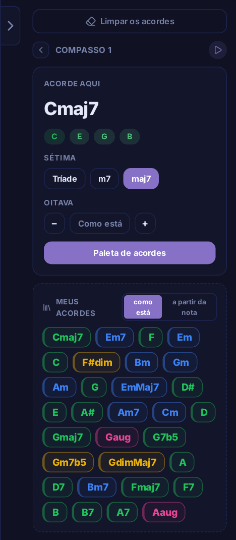 A ficha do compasso: acorde, as notas dele, sétima, oitava e paleta de acordes