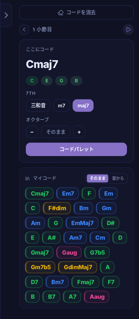 小節のカード:コード、構成音、セブンス、オクターブ、コードパレット