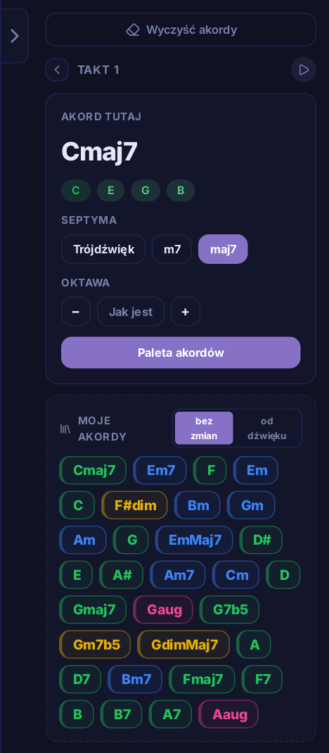 Karta taktu: akord, jego dźwięki, septyma, oktawa i paleta akordów
