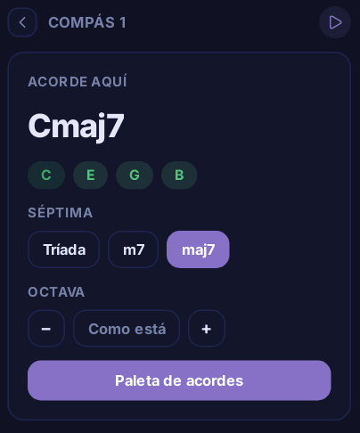 La ficha del compás: acorde, sus notas, séptima, octava y el botón de la paleta